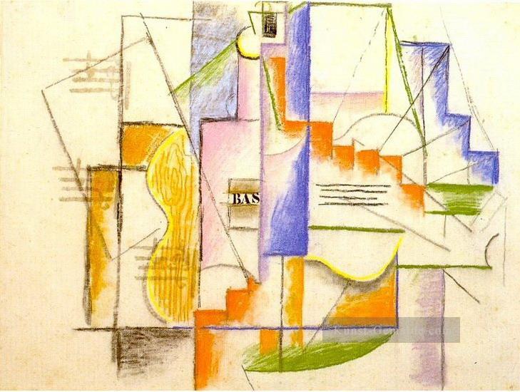 Bouteille Bass et guitare 1912 Kubismus Pablo Picasso Ölgemälde